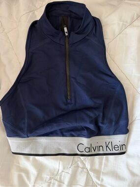 Calvin Klein Navy Zip-Front Sports Bra with White Logo Band
